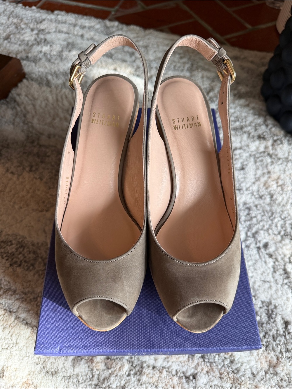 Stuart Weitzman Taupe Suede Peep-Toe Slingback Heels. Size 7.